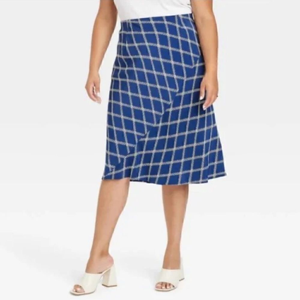 Ava + Viv Blue Plaid Women's Plus Size Midi Skirt,‎ Size  1X, NWOT